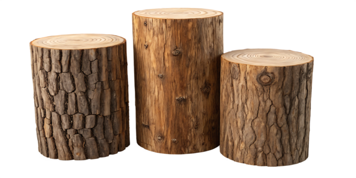 set of standing thick wood logs on white background, PNG
