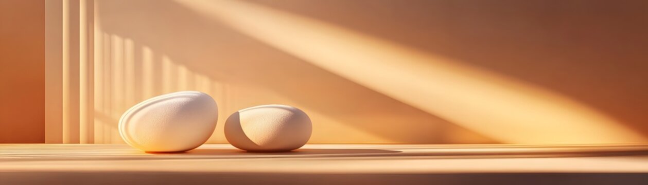 Two smooth, light objects on a light-brown surface.