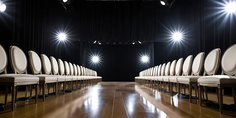 Fashion show runway with white chairs and bright stage lights
