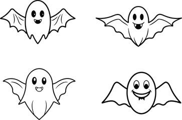 Halloween Bat Line Art Icon Set – Minimalist Vector Collection, Spooky Bat Outline Icons – Halloween Line Art Vector Bundle.