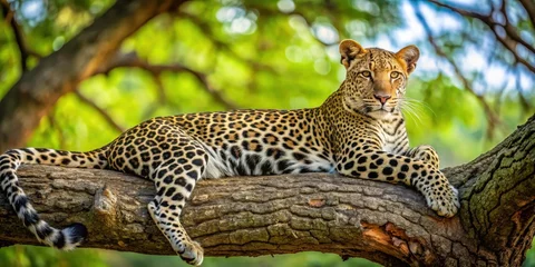 Foto auf Acrylglas Leopard A majestic leopard reclines comfortably in a shady tree branch within Tarangire National Park's lush forest surroundings, resting animal, africa wildlife  © Ningjing