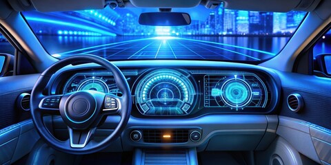High-tech dashboard with a holographic heads-up display glowing in blue light from below, focus on screen, illuminated instrument panel