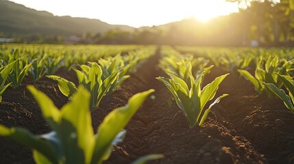 Obraz premium Sunrise over rows of young plants in a field. Agriculture, farming, growth