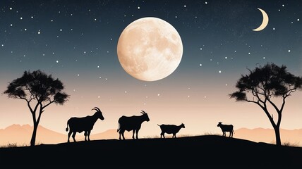 Silhouettes of goats and cows against a starry night sky with a large moon and crescent moon in the background.