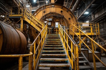 Industrial stairs with yellow handrail and blue steps inside steel factory with rusty equipment
