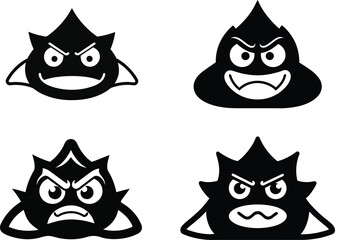 angry doodle face icon set, Funny Monster Faces in Solid Black Silhouette, Cute & Angry Cartoon Icons set, symbol of doodle face emotion set on white background.