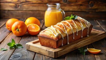 Traditional vanilla pound cake with a hint of orange zest and a drizzle of fresh orange juice on top made from scratch in a rustic wooden baking dish , vanilla dessert, kitchen essentials