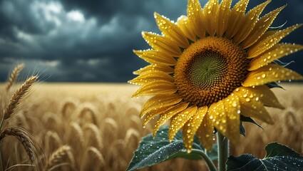 Sunflower field under stormy sky