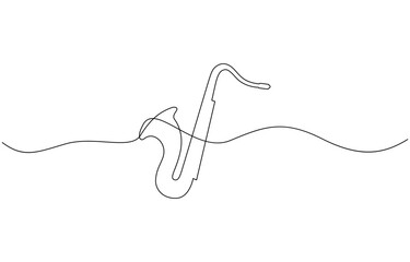 Obraz premium Continuous line drawing of saxophone vector illustration, One Continuous line drawing musical instrument saxophone on white background. One line Saxophone, Music jazz instrument in minimal style.