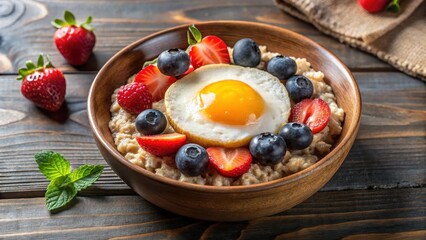 steaming bowl of oats with fresh fruit and a fried egg on top, satisfying breakfast