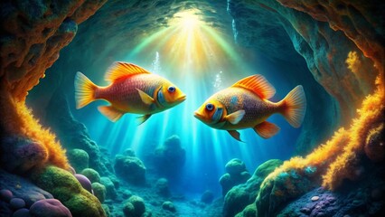Fototapeta premium Enchanted Underwater Grotto Two Vibrant Fish Gaze at Each Other in a Sunlit Cave, Surrounded by Lush Coral Reef