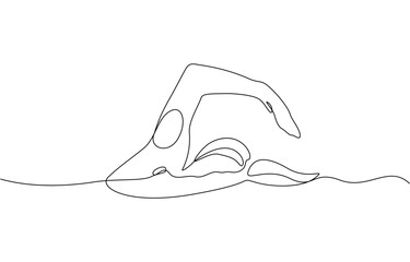 Continuous line of young professional swimmer man, Single continuous line drawing of young happy professional swimmer man focus training in gym swimming pool center.