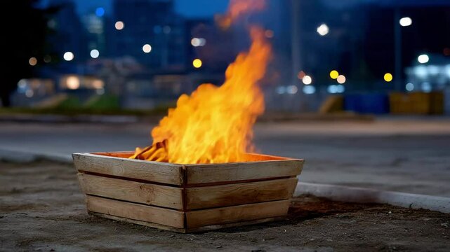 Wooden fire pit with bright orange flame burning outdoors at night with city lights and fire