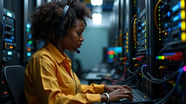 Woman in Headset Working with Servers in a Data Center Environment, Focused on Technology and Systems Management