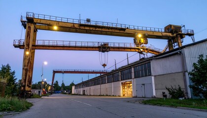 Antique Storage Facility with Overhead Cranes at Dusk Without People