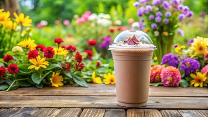 Creamy chocolate milkshake in a clear plastic cup sits on a rustic wooden table surrounded by lush greenery and colorful flowers, chocolate milkshake, park