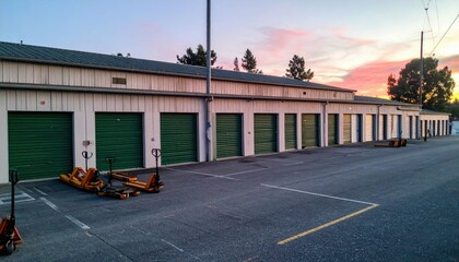 Antique Storage Facility with Pallet Jacks at Dawn with Empty Pathways