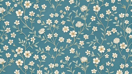Delicate floral wallpaper with blue background featuring small white and cream-colored flowers arranged in a repeating pattern of interconnected petals, bedroom wall decor, blue hues