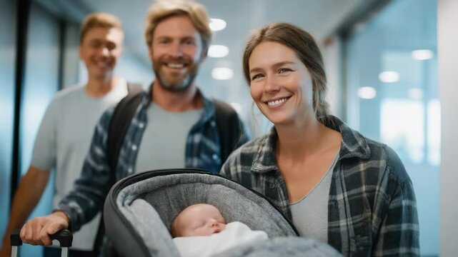 New parents leaving the hospital with their newborn in a car seat