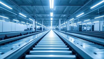 Automated Cold Storage Facility with Conveyor Belts Under Ambient Lighting