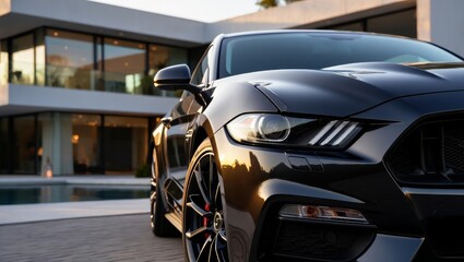 Fototapeta premium Luxury Sports Car in Front of Modern Mansion at Golden Hour – Cinematic Automotive Lifestyle