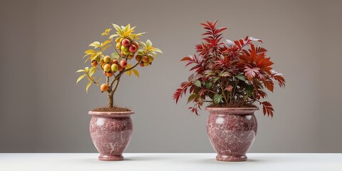 Fototapeta premium Magenta Stone Pot Holds Gold Prunus and Ricinus