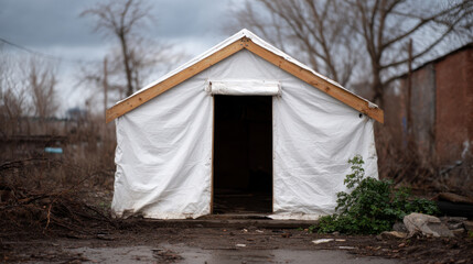 Simple makeshift shelter with white fabric cover and wooden roof outdoors natural setting