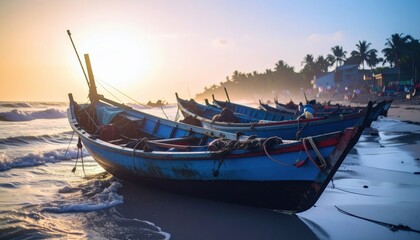 Fototapeta premium Tranquil Fishing Boats on Serene Beach During Vibrant Sunset Glow