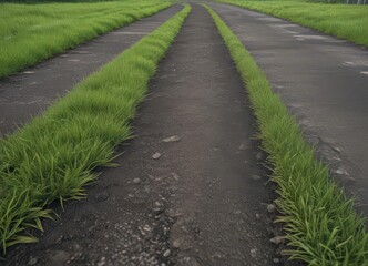 Fototapeta premium Thick blades of green grass push through aged asphalt , ecology, asphalt, environment