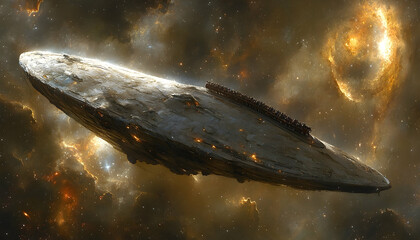 Huge, weathered, sci-fi space vessel amidst bright, colorful cosmic nebula clouds