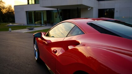Luxury Sports Car in Front of Modern Mansion at Golden Hour &ndash; Cinematic Automotive Lifestyle