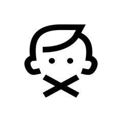 Illustration of a child's face with crossed tape over the mouth indicating silence or inability to speak