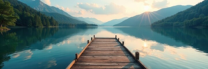 Fototapeta premium Calm Torch Lake water laps gently at a rustic dock extending into the lake , nature, clouds