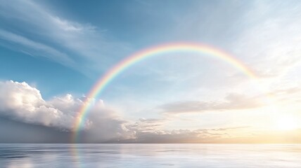 Vibrant Rainbow Arching Over Calm Water with Dramatic Sky Reflection rainbow sky water reflection ai