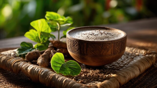 A close-up of a traditional kava bowl made from carved wood, filled with freshly prepared kava drink that has a frothy surface