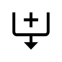 Black download icon with a plus symbol inside a square shape connected to an arrow pointing down below