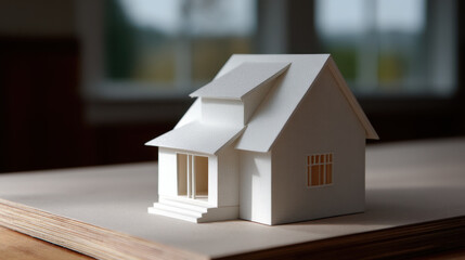 White house model with pitched roof and front steps table room with large windows. model