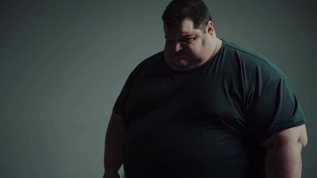 Obese man looking down expressing sadness and shame
