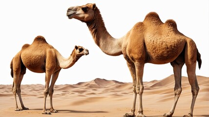 A pair of camels comfortably wandering the sandy desert landscape under a clear sky.