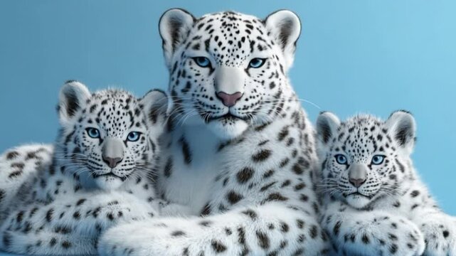 A majestic snow leopard mother poses with her two playful cubs against a serene blue backdrop