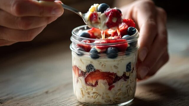 Healthy overnight oats in a mason jar. A hand opens the lid, and a spoon dips in, revealing delicious layers of berries, oats, and yogurt. Perfect meal prep