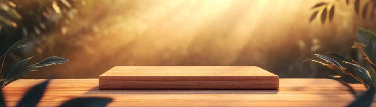 Empty wooden display platform in a sunlit natural setting.