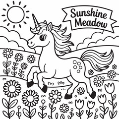 Cute running unicorn with flowers in sunshine meadow coloring page illustration