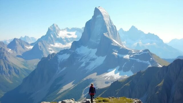 Majestic mountain landscape with towering peaks and a rocky foreground, ideal for outdoor exploration. This scenic view captures the beauty of nature and the thrill of high altitude adventure.
