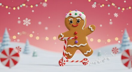 Fototapeta premium Gingerbread man riding candy cane scooter in winter wonderland christmas illustration