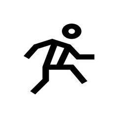 Stylized black and white geometric figure of a running person with a circular head and angular limbs
