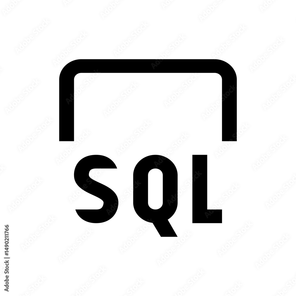 Poster illustration of the sql logo with a rounded rectangle above the text in a simple black and white des