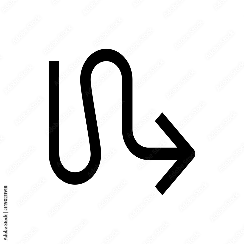Poster black arrow with a winding path pointing to the right on a white background in a simple graphic styl