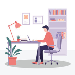 Office Worker Sitting at Desk with Laptop – Flat Vector Illustration