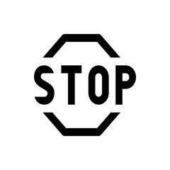 A black and white stop sign with the word stop in bold letters inside an octagon shape traffic symbol icon